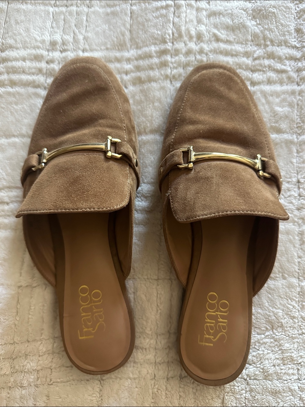 Franco Sarto Tan Suede Backless Loafers with Gold Bit